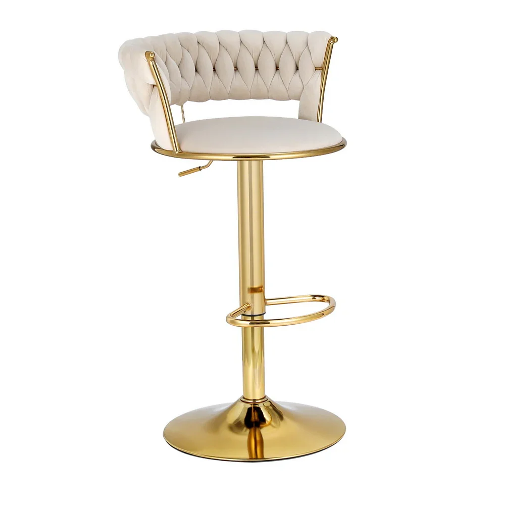 Bar Stools Gas Lift Velvet Woven Backrest Ivory - Image 4