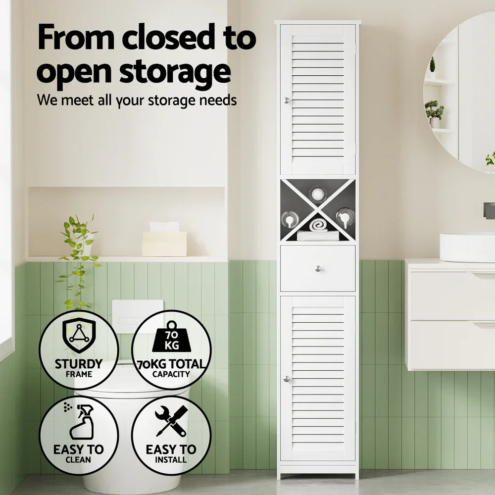 Bathroom Storage Cabinet 170cm Tall Slim Organiser Toilet Corner Adjustable Shelf Louver Door White - Image 2