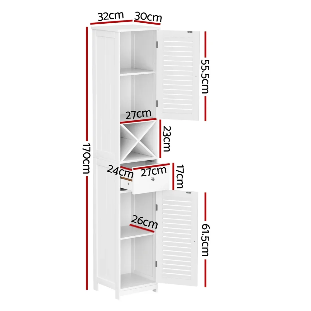 Bathroom Storage Cabinet 170cm Tall Slim Organiser Toilet Corner Adjustable Shelf Louver Door White - Image 6