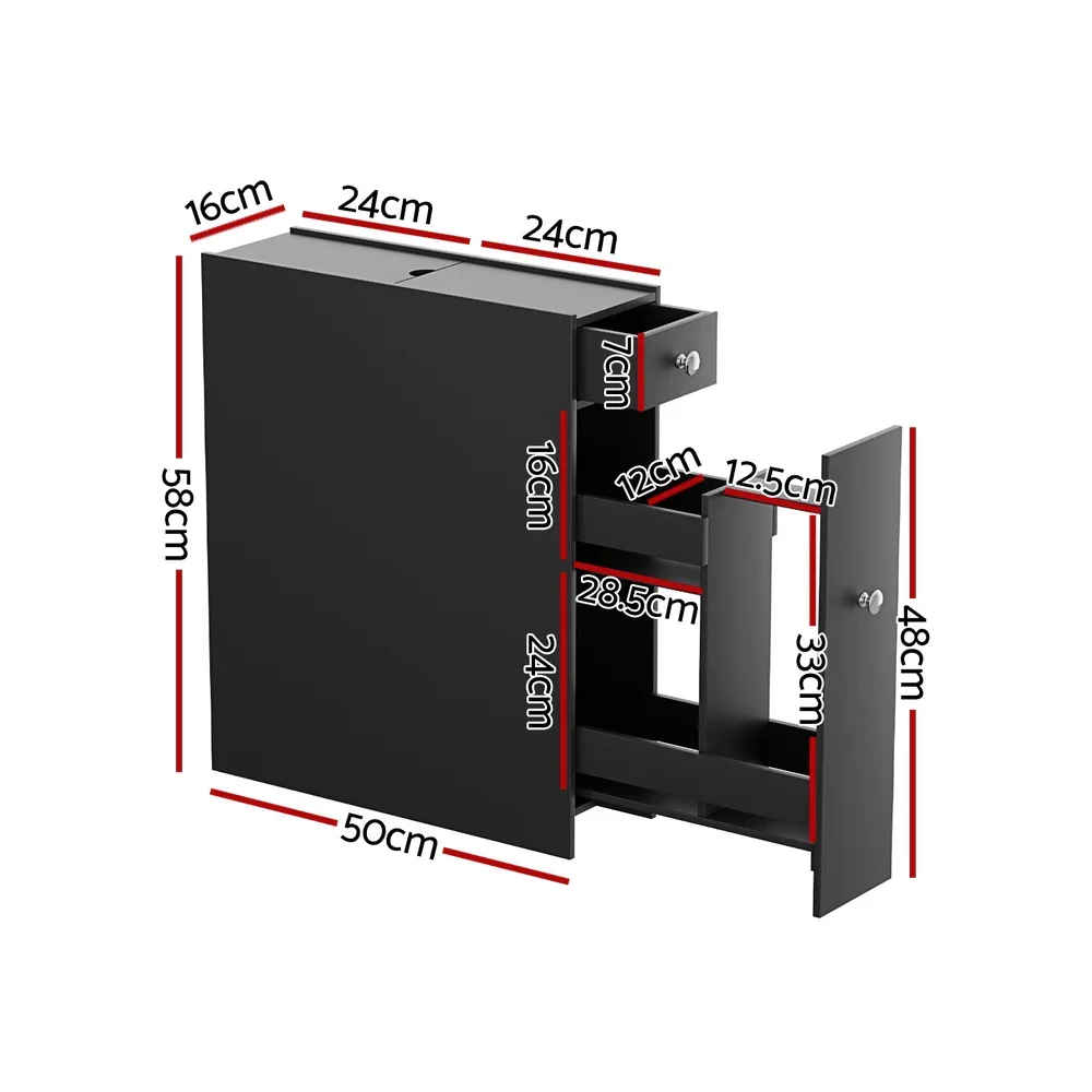 Bathroom Storage Cabinet Toilet Slim Tissue Box Caddy Holder Side Wooden Black - Image 2