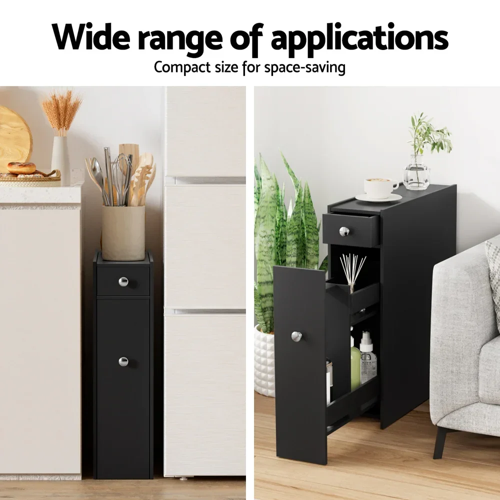 Bathroom Storage Cabinet Toilet Slim Tissue Box Caddy Holder Side Wooden Black - Image 6