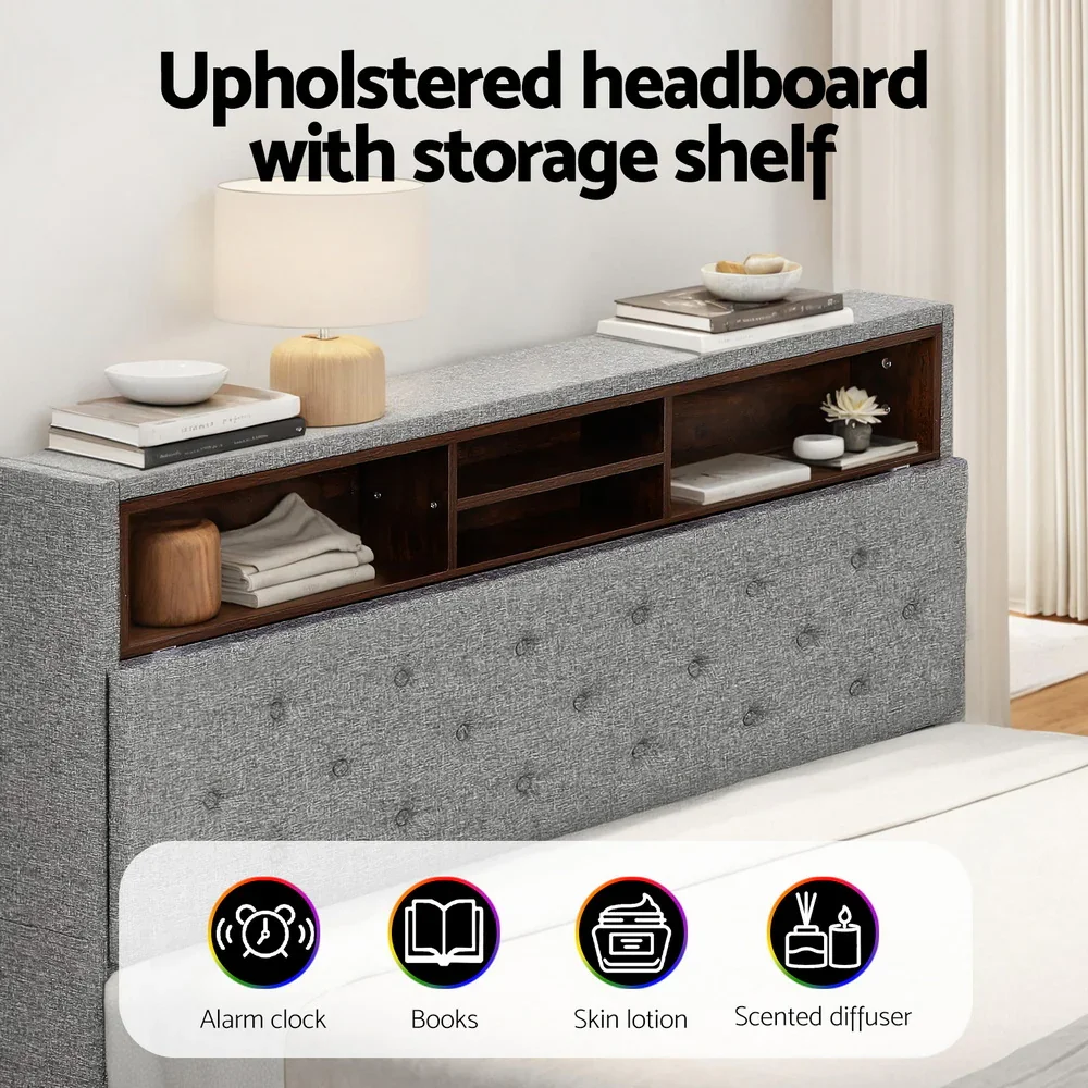 Bed Frame Double Size LED Mattress Base Platform with Storage Shelf Hidden Storage Box Grey - Image 3
