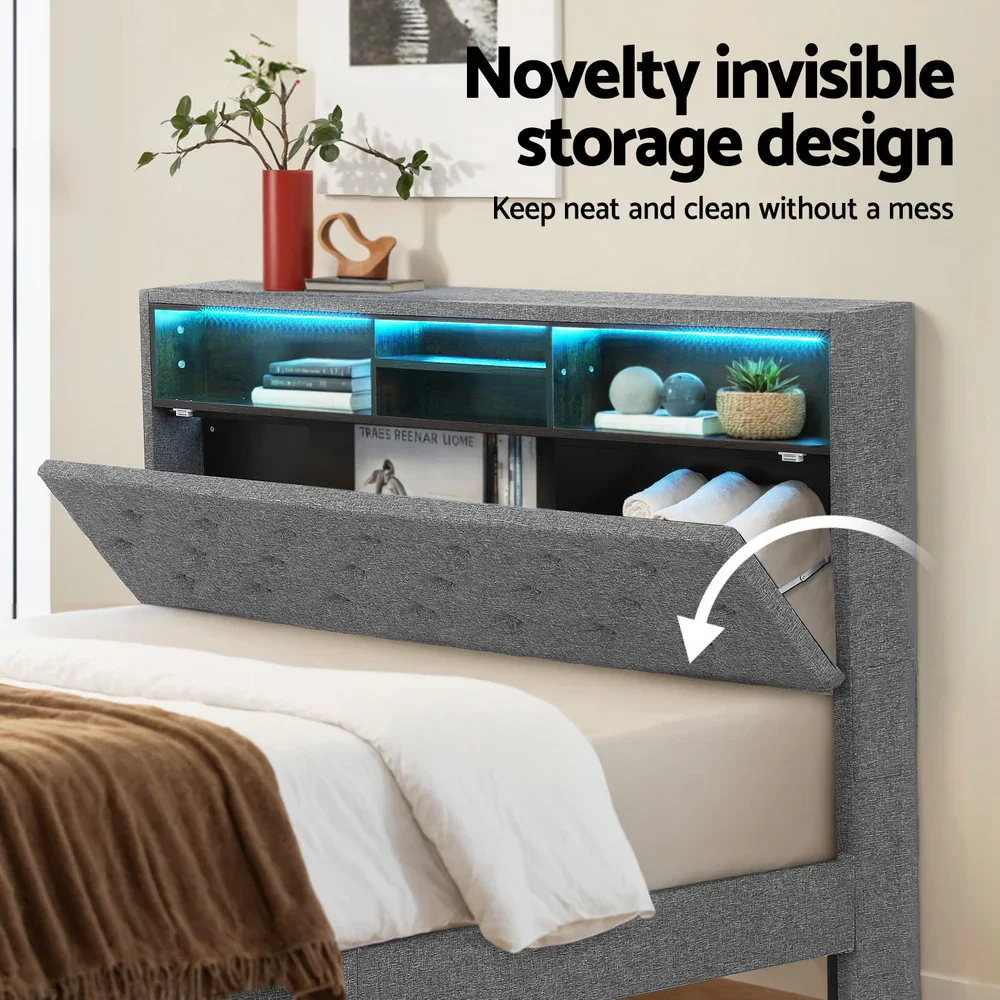 Bed Frame Double Size LED Mattress Base Platform with Storage Shelf Hidden Storage Box Grey - Image 4