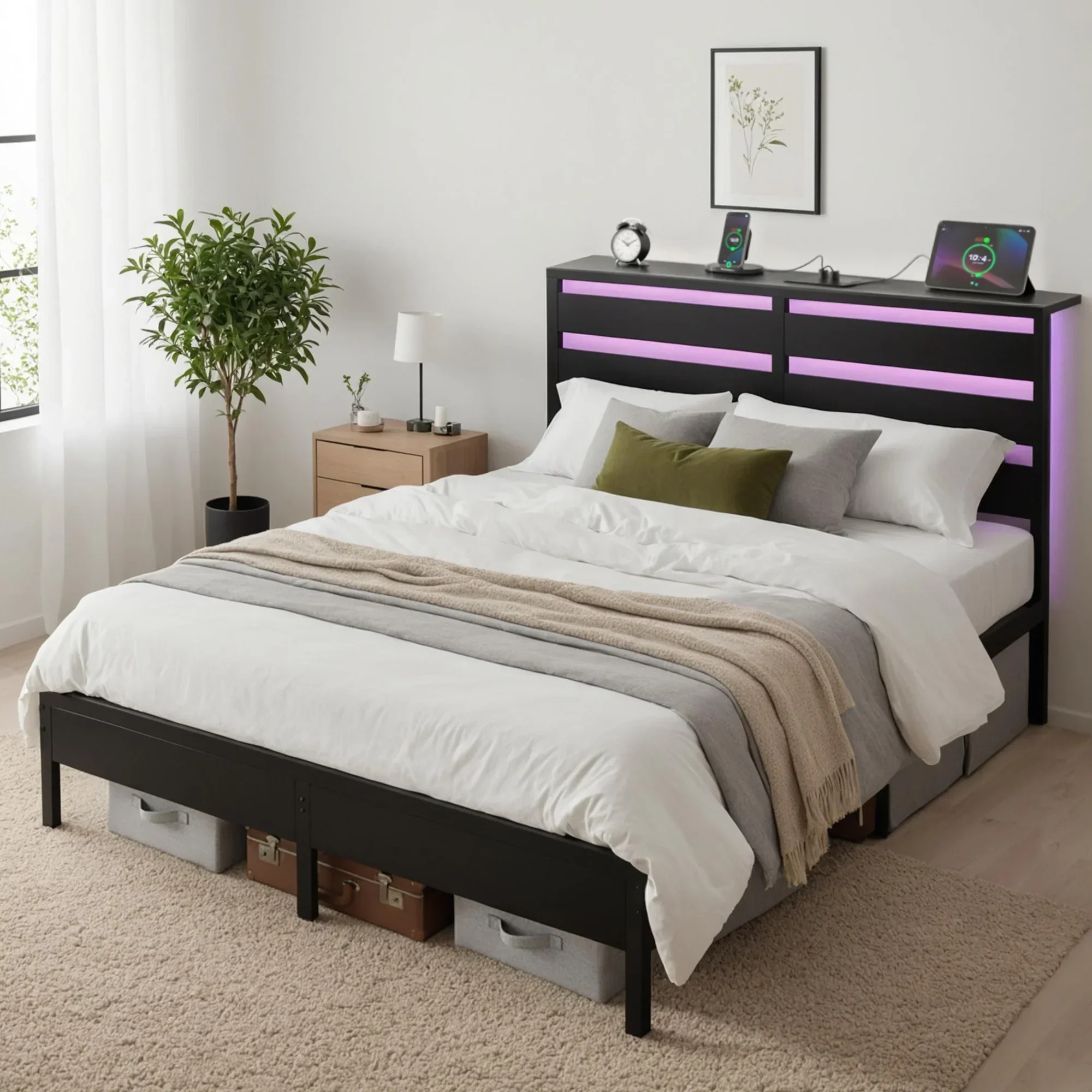 Bed Frame Double Size LED Metal Bed Base with Charging Station - Image 2