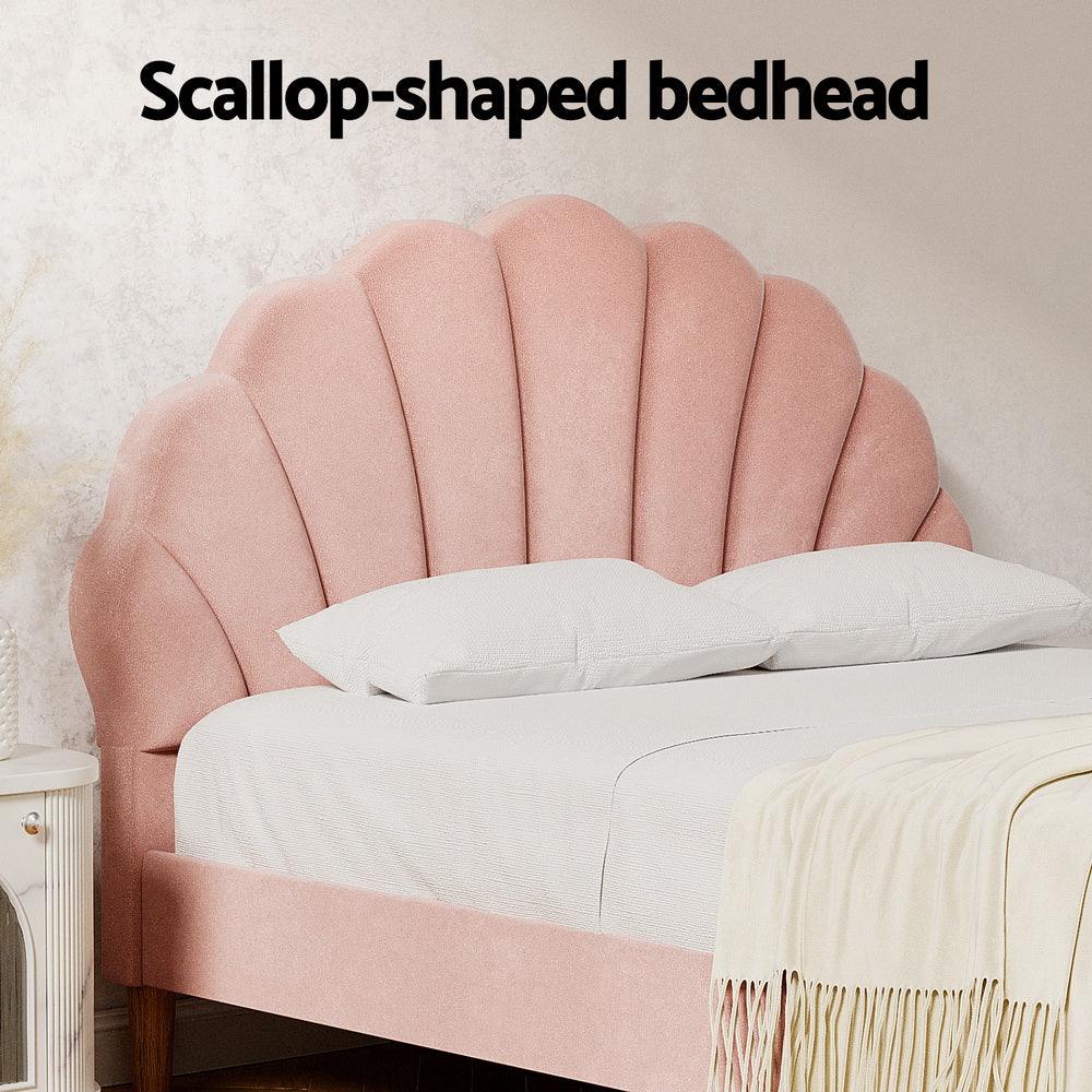 Bed Frame Double Size Scallop-Shape Bedhead Beds Base Pink Velvet Fabric - Image 5