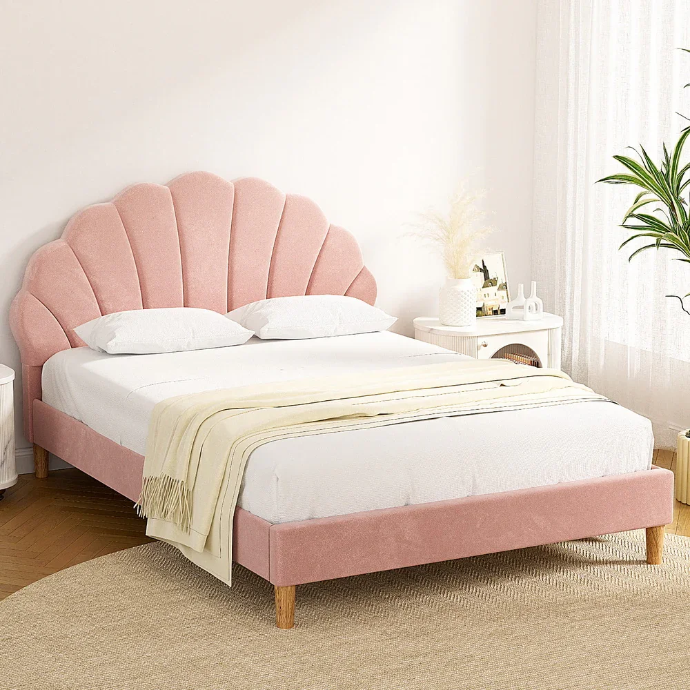 Bed Frame Double Size Scallop-Shape Bedhead Beds Base Pink Velvet Fabric - Image 7