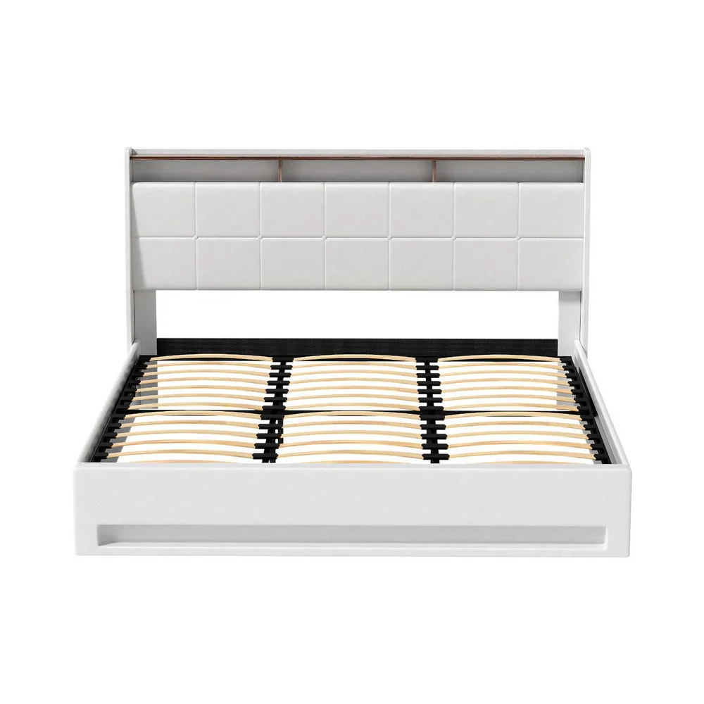 Bed Frame Gas Lift LED Beds Base Platform White PVC Leather Storage Headboard - King - Image 3