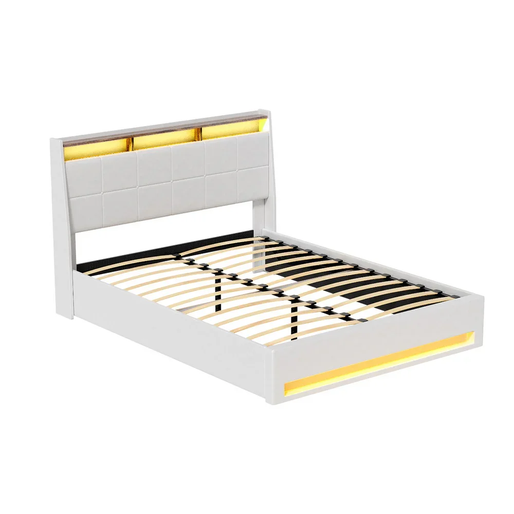 Bed Frame Gas Lift LED Beds Base Platform White PVC Leather Storage Headboard - Queen