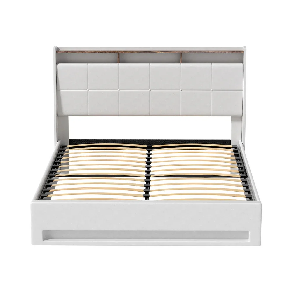 Bed Frame Gas Lift LED Beds Base Platform White PVC Leather Storage Headboard - Queen - Image 3