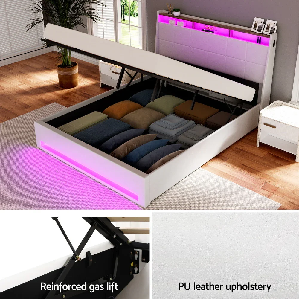 Bed Frame Gas Lift LED Beds Base Platform White PVC Leather Storage Headboard - Queen - Image 4
