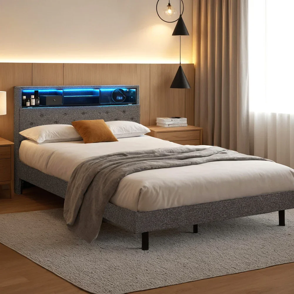 Bed Frame King Single Size LED Mattress Base Platform with Storage Shelf Hidden Storage Box Grey - Image 7