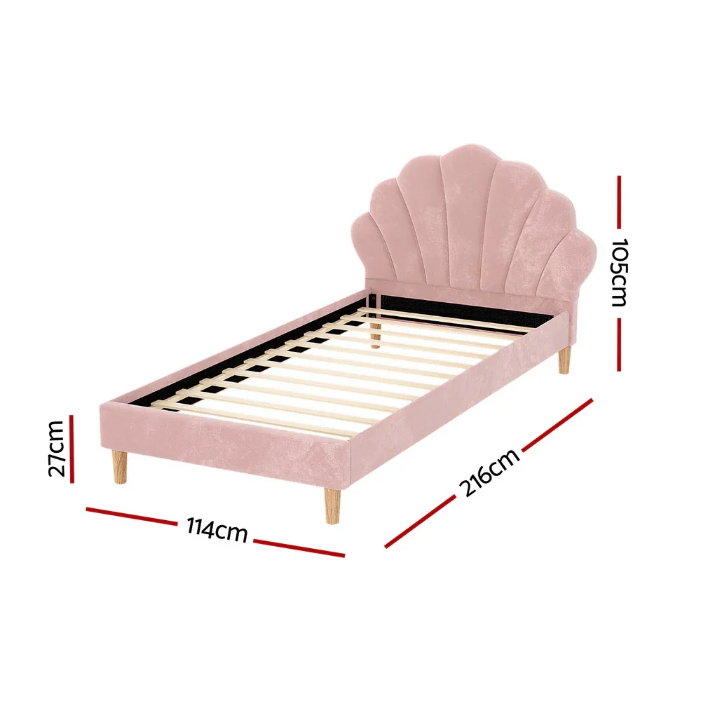Bed Frame King Single Size Scallop-Shape Bedhead Beds Base Pink Velvet Fabric - Image 2