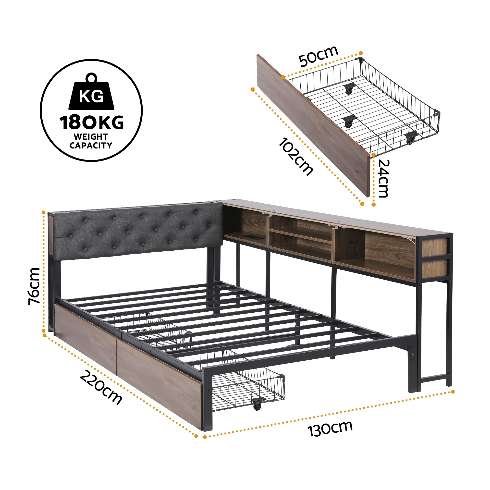Bed Frame King Single Size with 2 Drawers and Charging Station Metal Corner Bed Base - Image 2