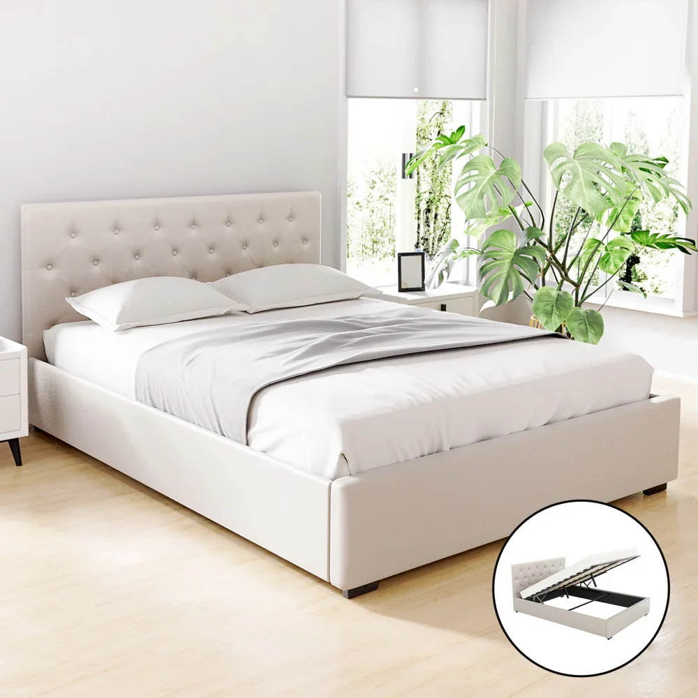 Bed Frame Queen Size Gas Lift Beige VILA - Image 2