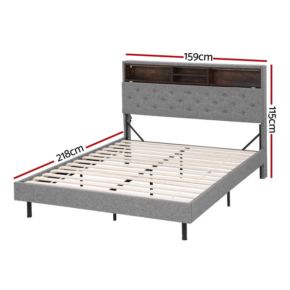 Bed Frame Queen Size LED Mattress Base Platform with Storage Shelf Hidden Storage Box Grey - Image 5