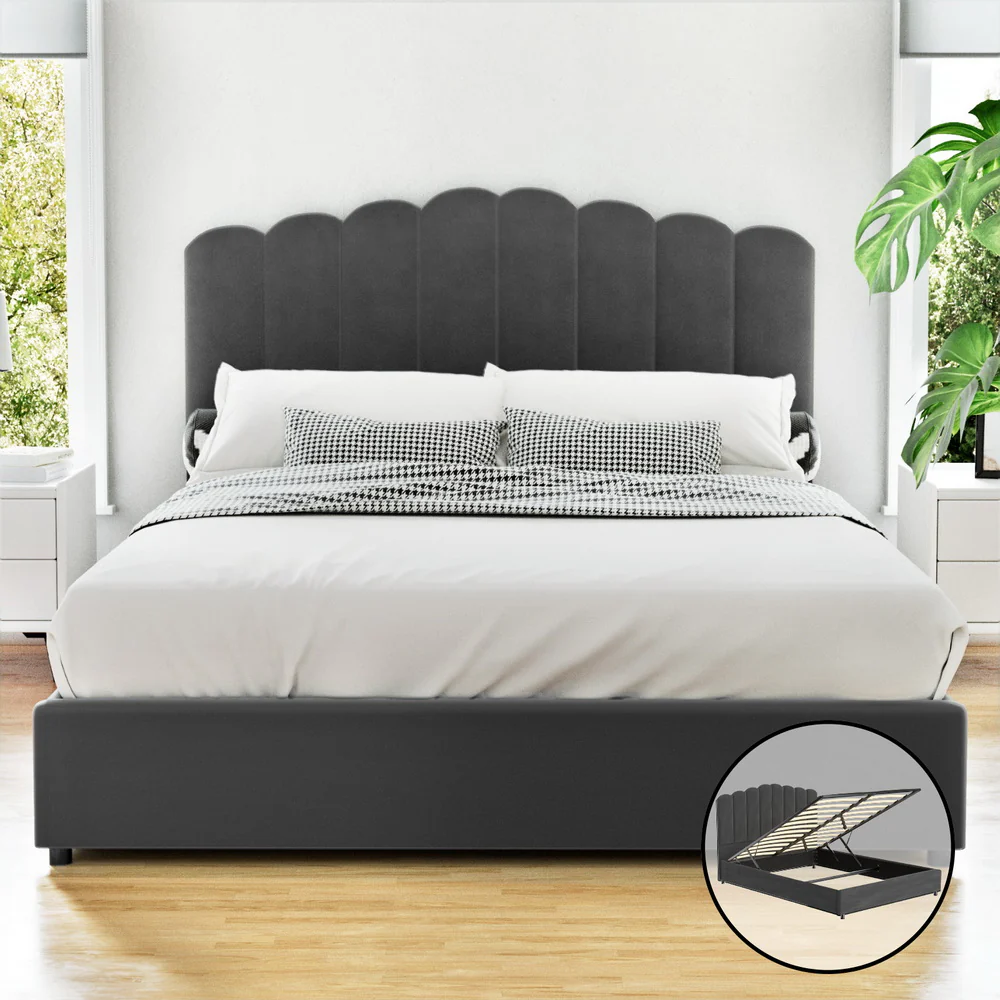 Bed Frame Queen Size Velvet Grey FION - Image 7