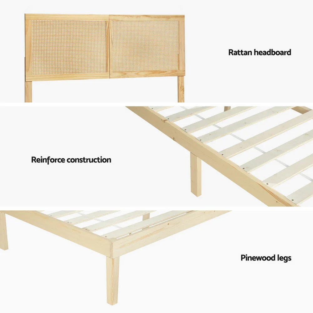 Bed Frame Queen Size with Rattan Headboard Wooden Bed Base BRUNO - Image 4