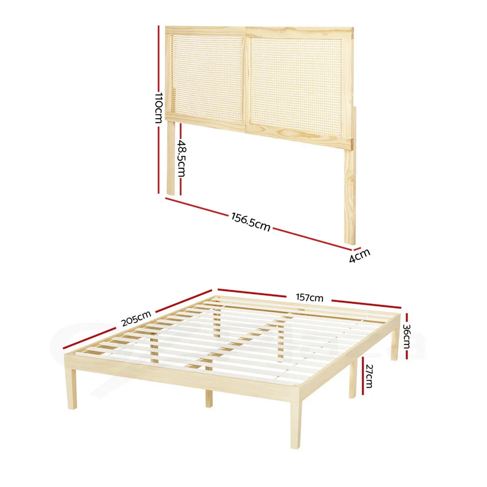 Bed Frame Queen Size with Rattan Headboard Wooden Bed Base BRUNO - Image 5