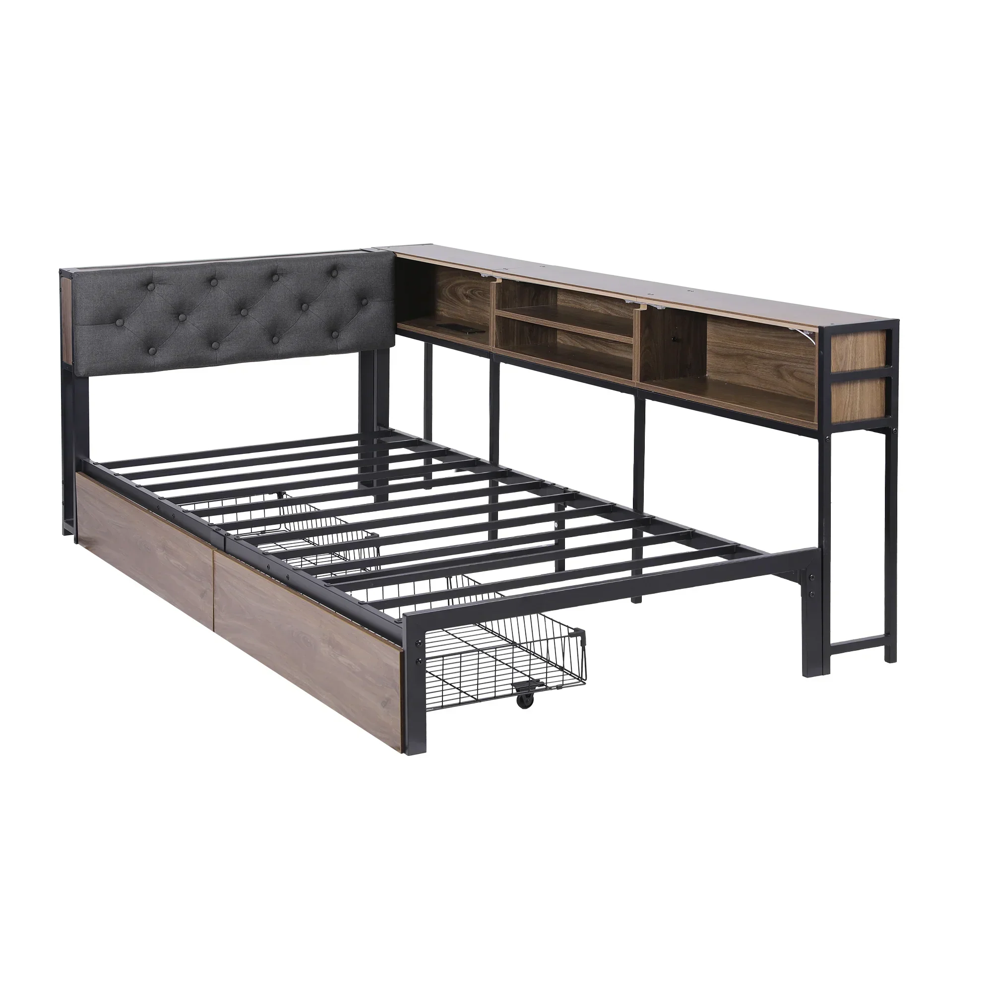 Bed Frame Single Size with 2 Drawers and Charging Station Metal Corner Bed Base - Image 9