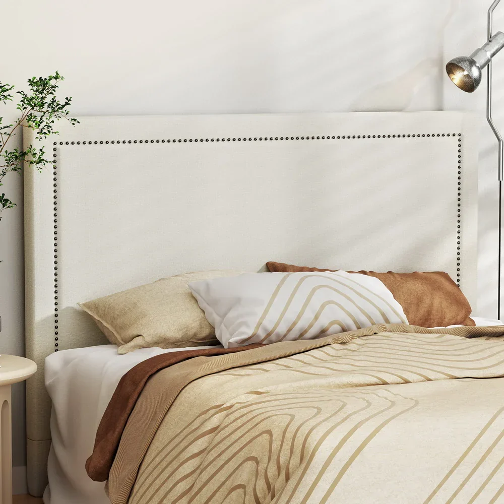 Bed Frame Bed Head Headboard Queen Fabric - RIVE Beige - Image 5