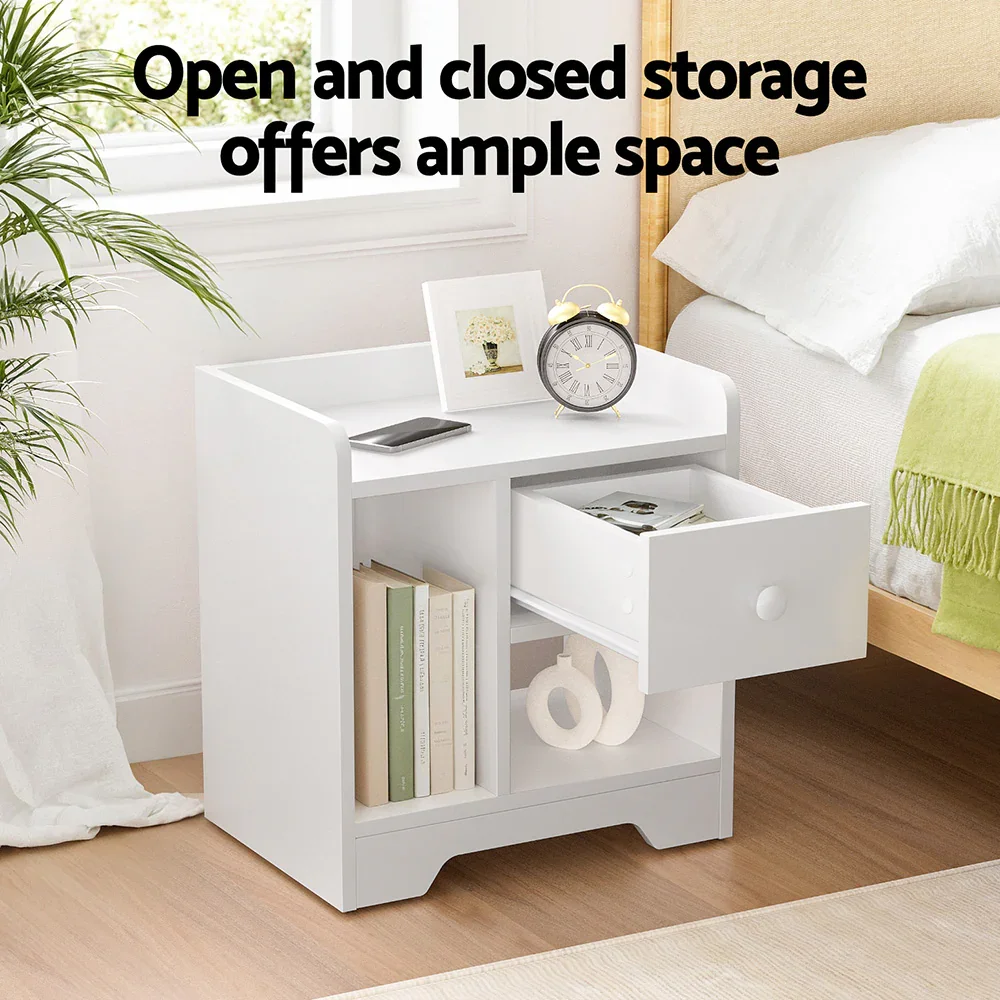 Bedside Table Drawer Nightstand Side End Table Storage Open Shelf White - Image 5
