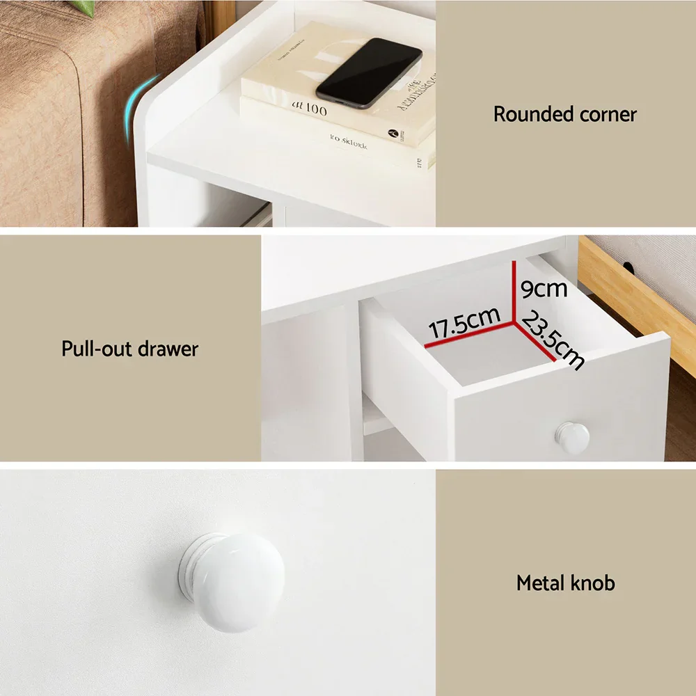 Bedside Table Drawer Nightstand Side End Table Storage Open Shelf White - Image 7