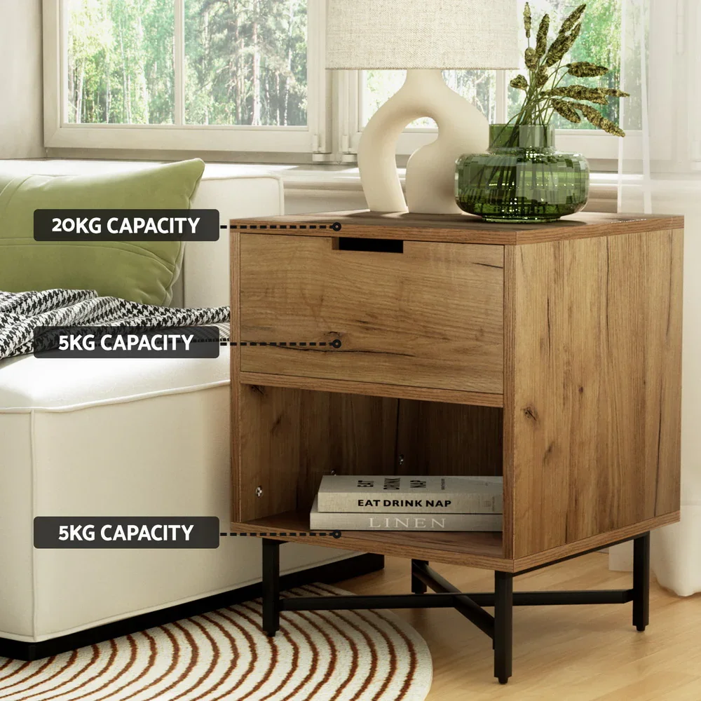 Bedside Table Drawers Side Table Shelf Storage Nightstand Rust Oak KRAVU - Image 6