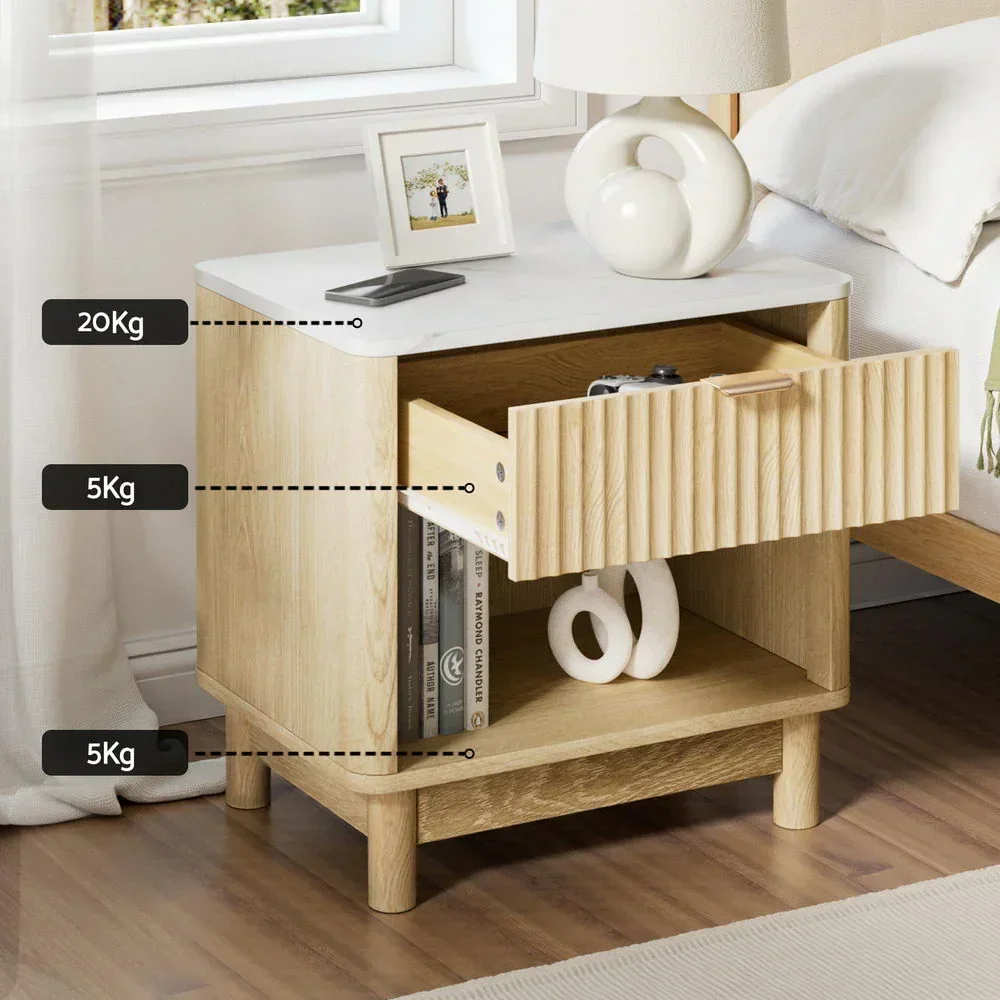 Bedside Table Nightstand 1 Drawer Shelves Pine - Image 5
