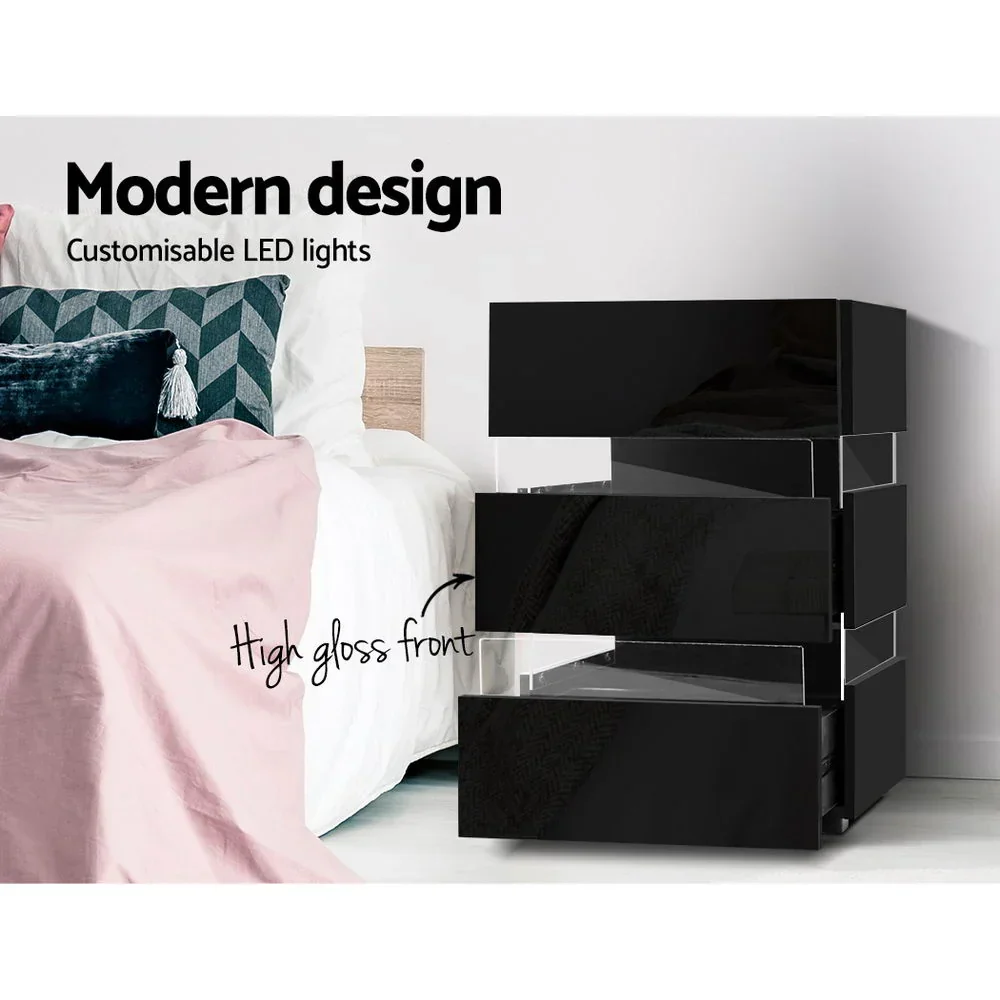 Bedside Table LED 3 Drawers - LUMI Black - Image 4