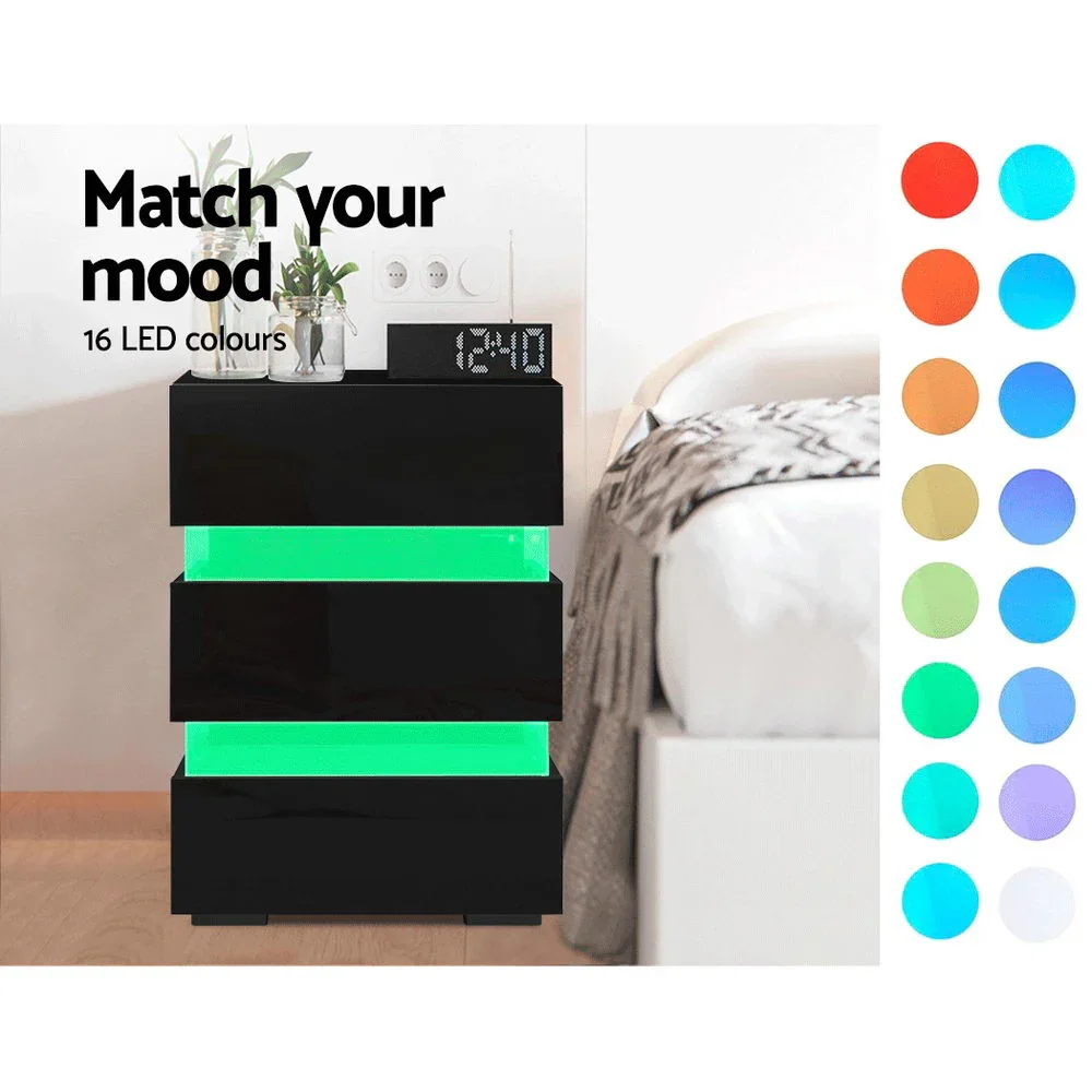 Bedside Table LED 3 Drawers - LUMI Black - Image 5