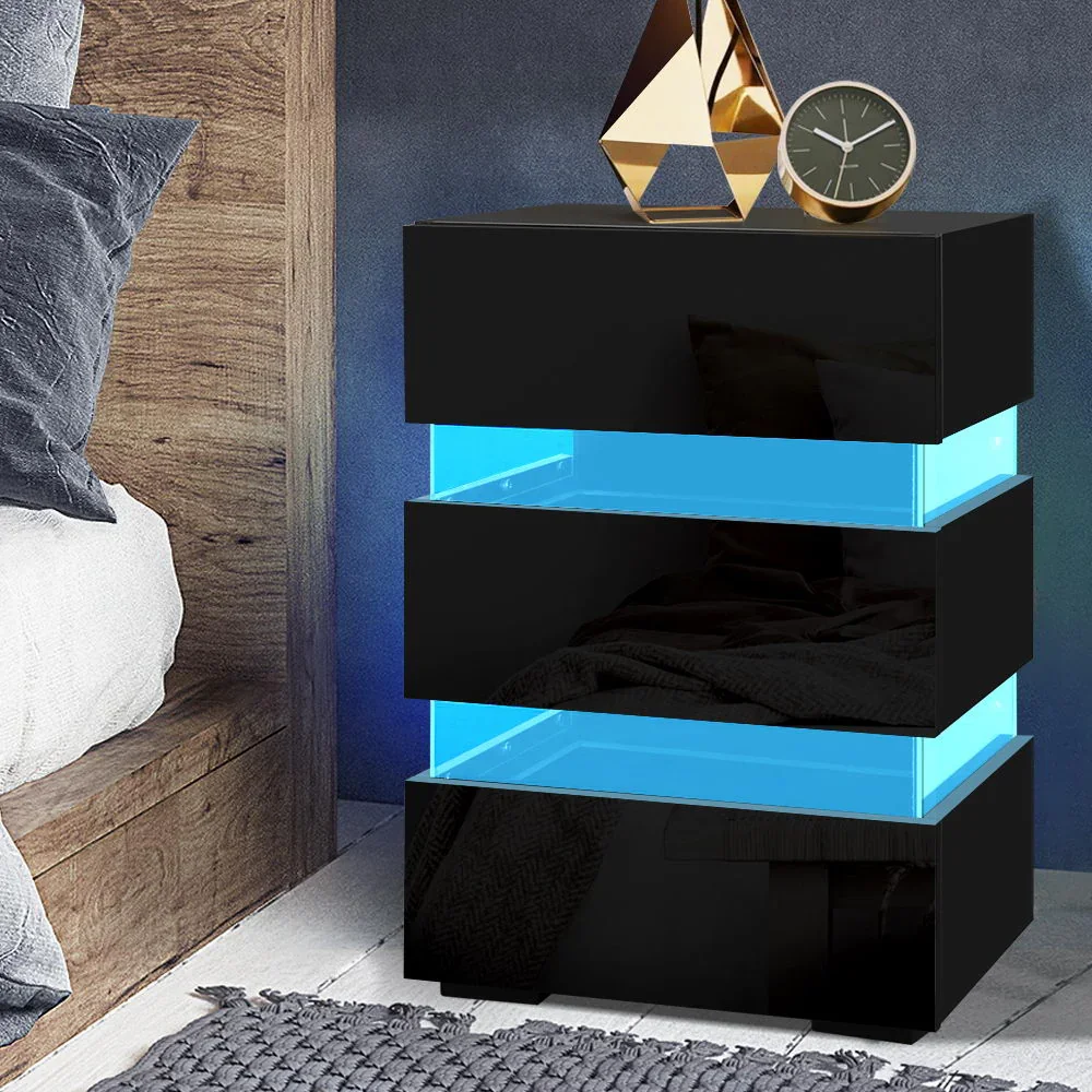 Bedside Table LED 3 Drawers - LUMI Black - Image 7