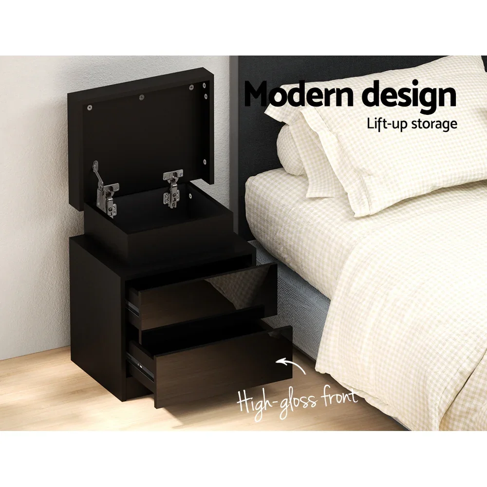 Bedside Table LED 2 Drawers Lift-up Storage - COLEY Black - Image 5