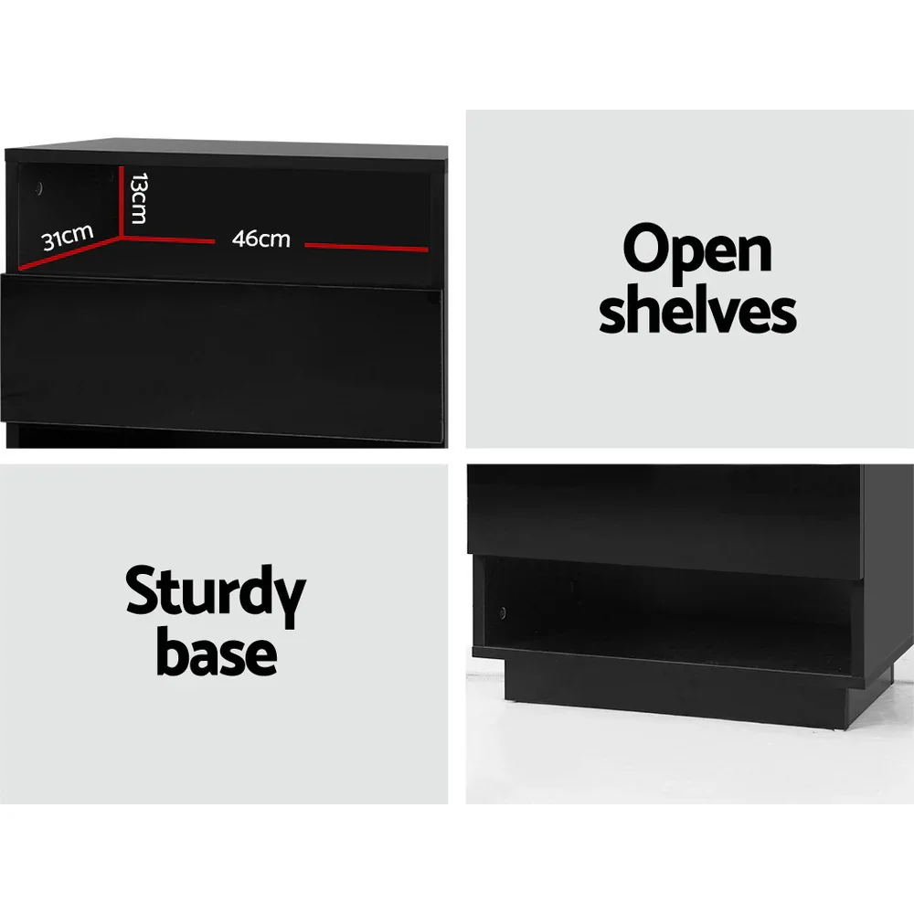 Bedside Table LED with 2 Shelves - HANA Black - Image 5