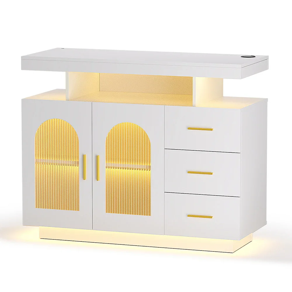 Buffet Sideboard Cabinet LED Clear Door Kitchen Storage Drawers White - Image 7