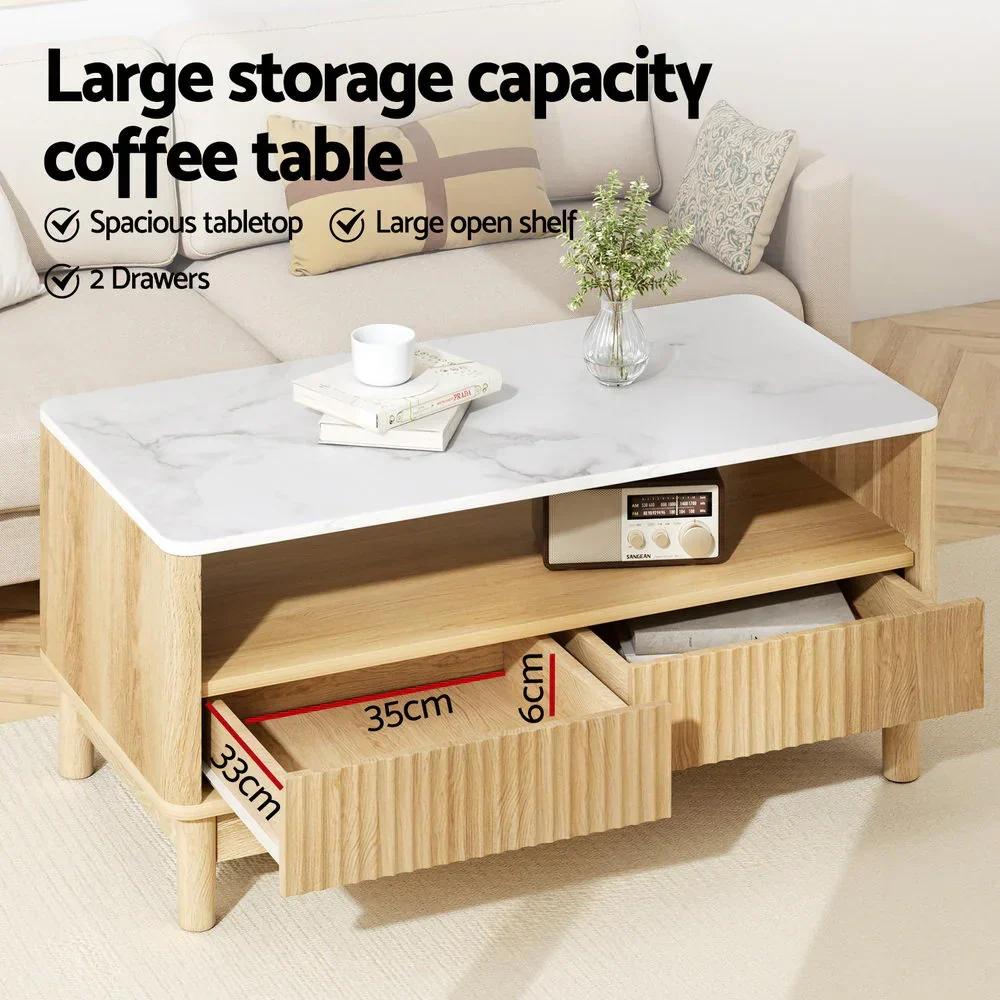 Coffee Table Drawer Shelf Marble Effect Wood&White - Image 2