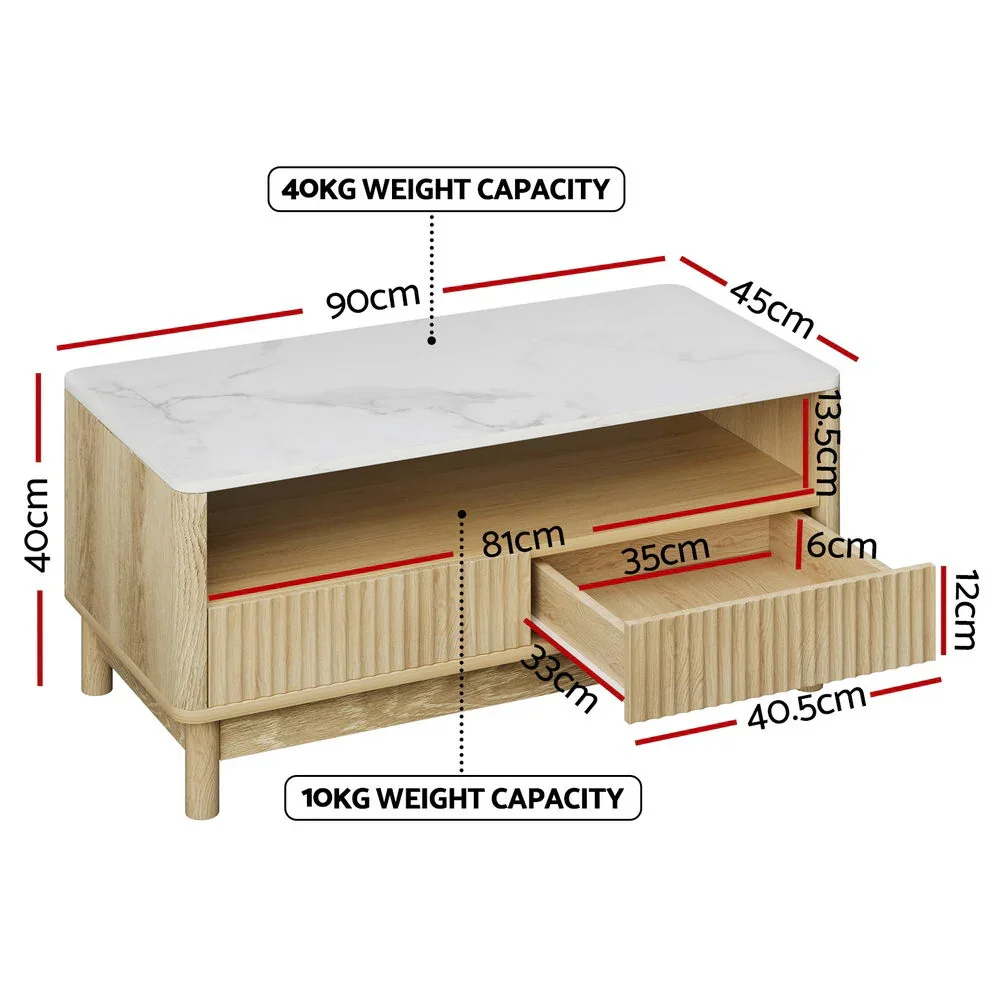 Coffee Table Drawer Shelf Marble Effect Wood&White - Image 5
