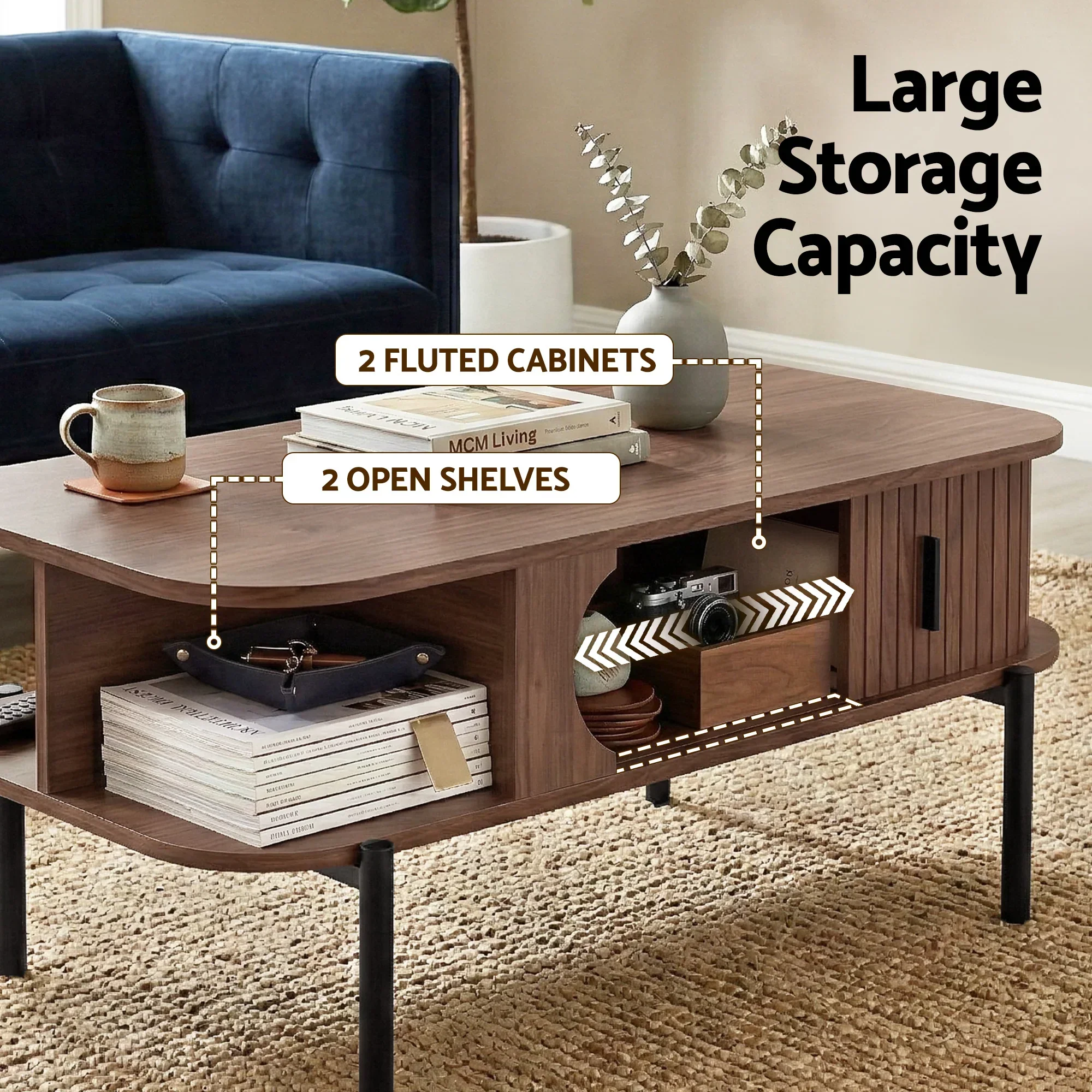 Artiss Coffee Table Living Room Center Table Shelf Cabinet Walnut - Image 2