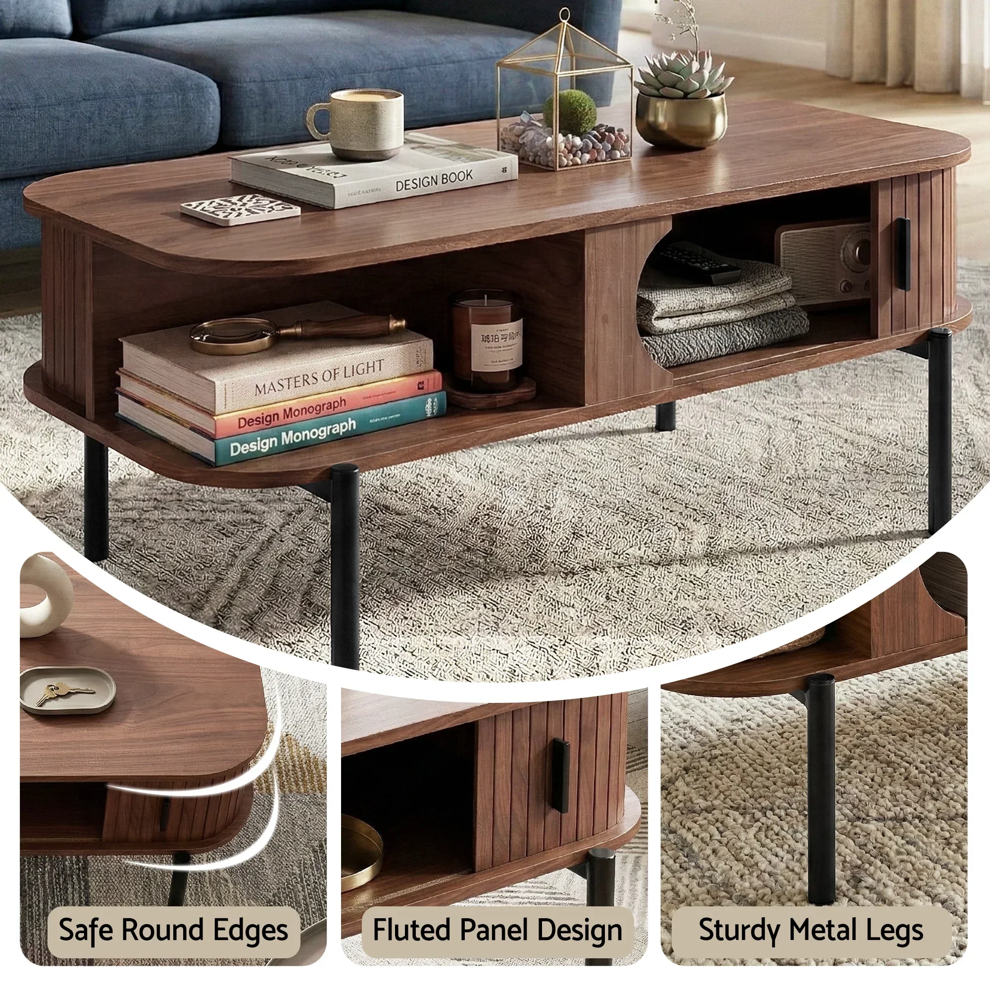 Artiss Coffee Table Living Room Center Table Shelf Cabinet Walnut - Image 4