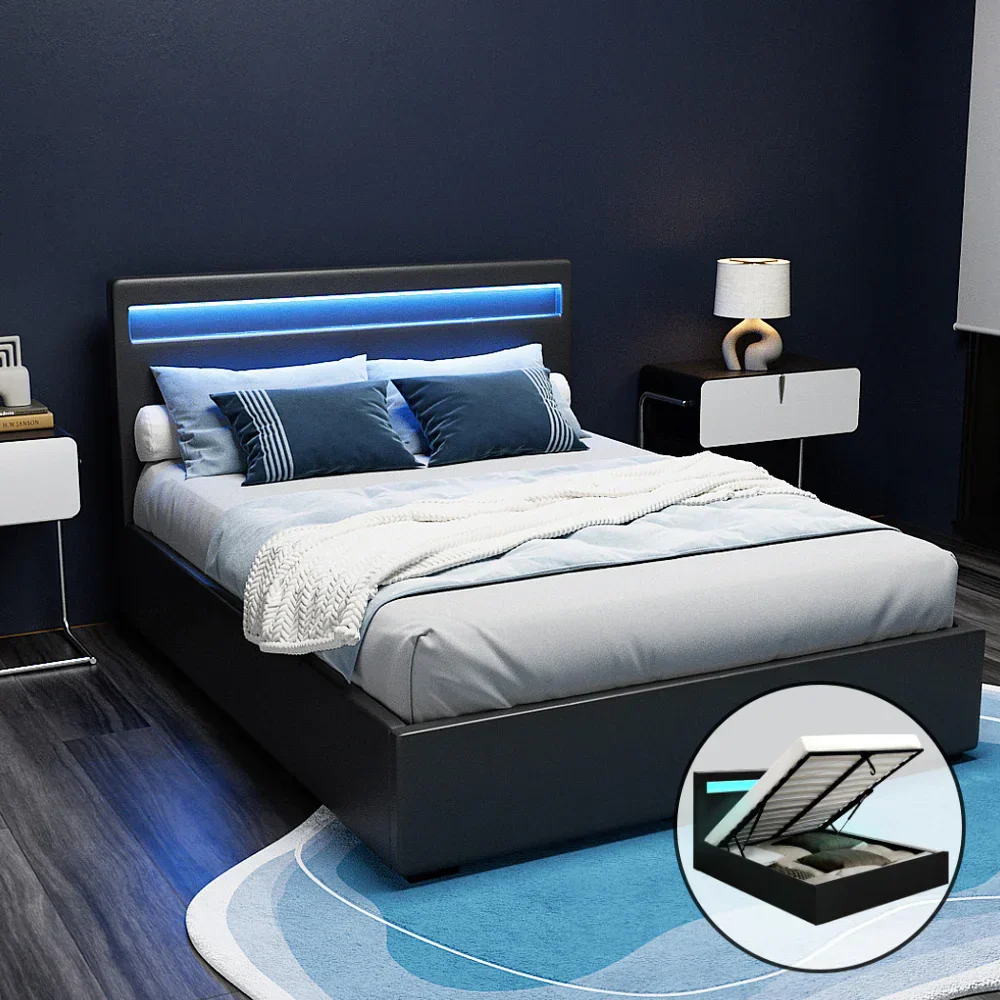 Bed Frame Double Size LED Gas Lift Black COLE