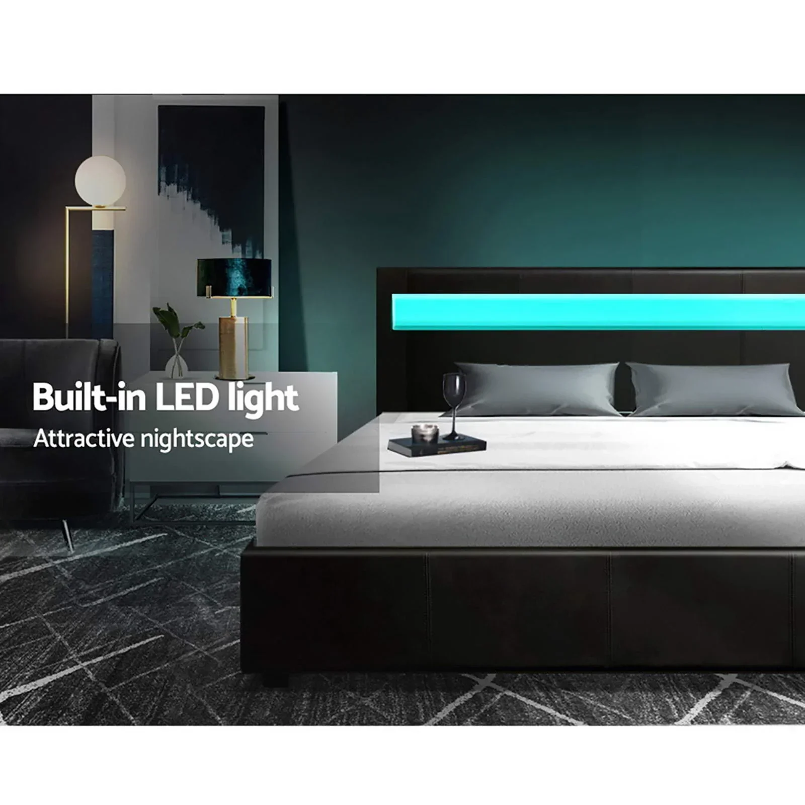 Bed Frame Double Size LED Gas Lift Black COLE - Image 5