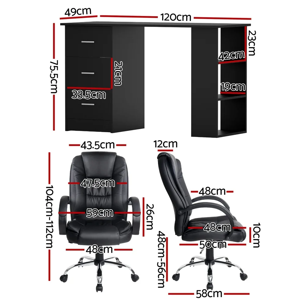 Computer Desk 120cm Executive Office Chair Set PU Leather High Back Black - Image 3