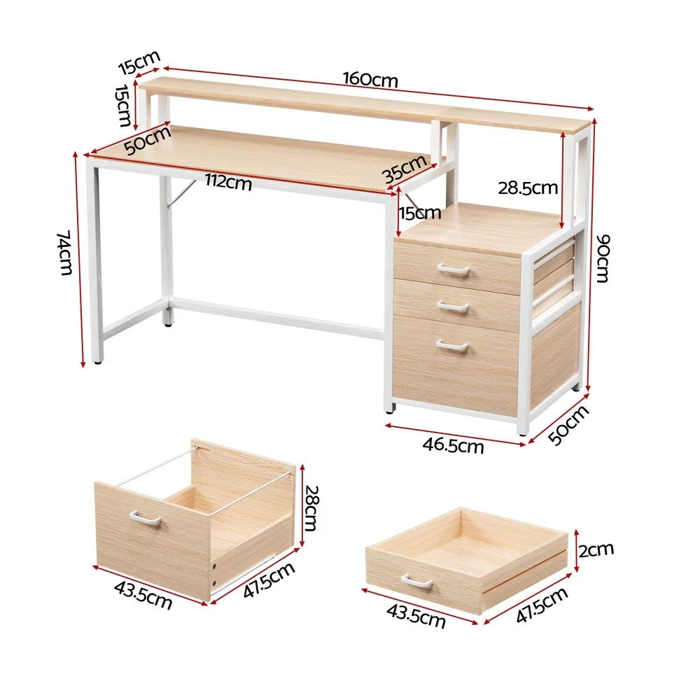 Computer Desk Home Office Study Table Desks w/Drawers Open Shelf Oak 160CM - Image 5