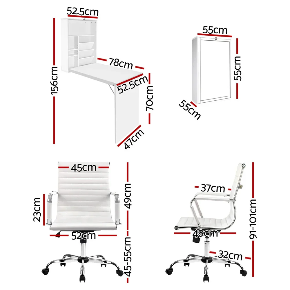 Computer Desk Office Chair Set PU Leather Wall Mount Foldable Table White - Image 2