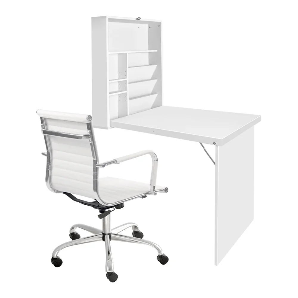 Computer Desk Office Chair Set PU Leather Wall Mount Foldable Table White - Image 3