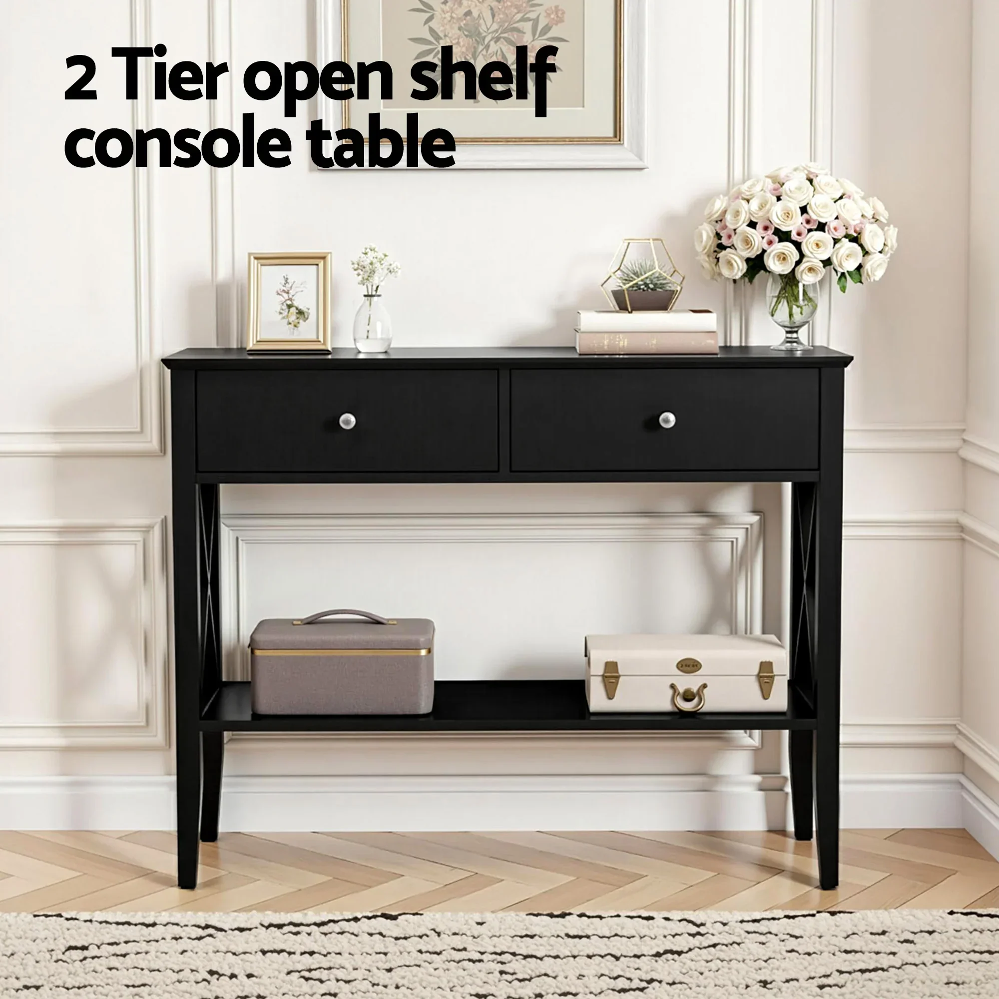 Console Table 2 Drawers 100CM Black - Image 4