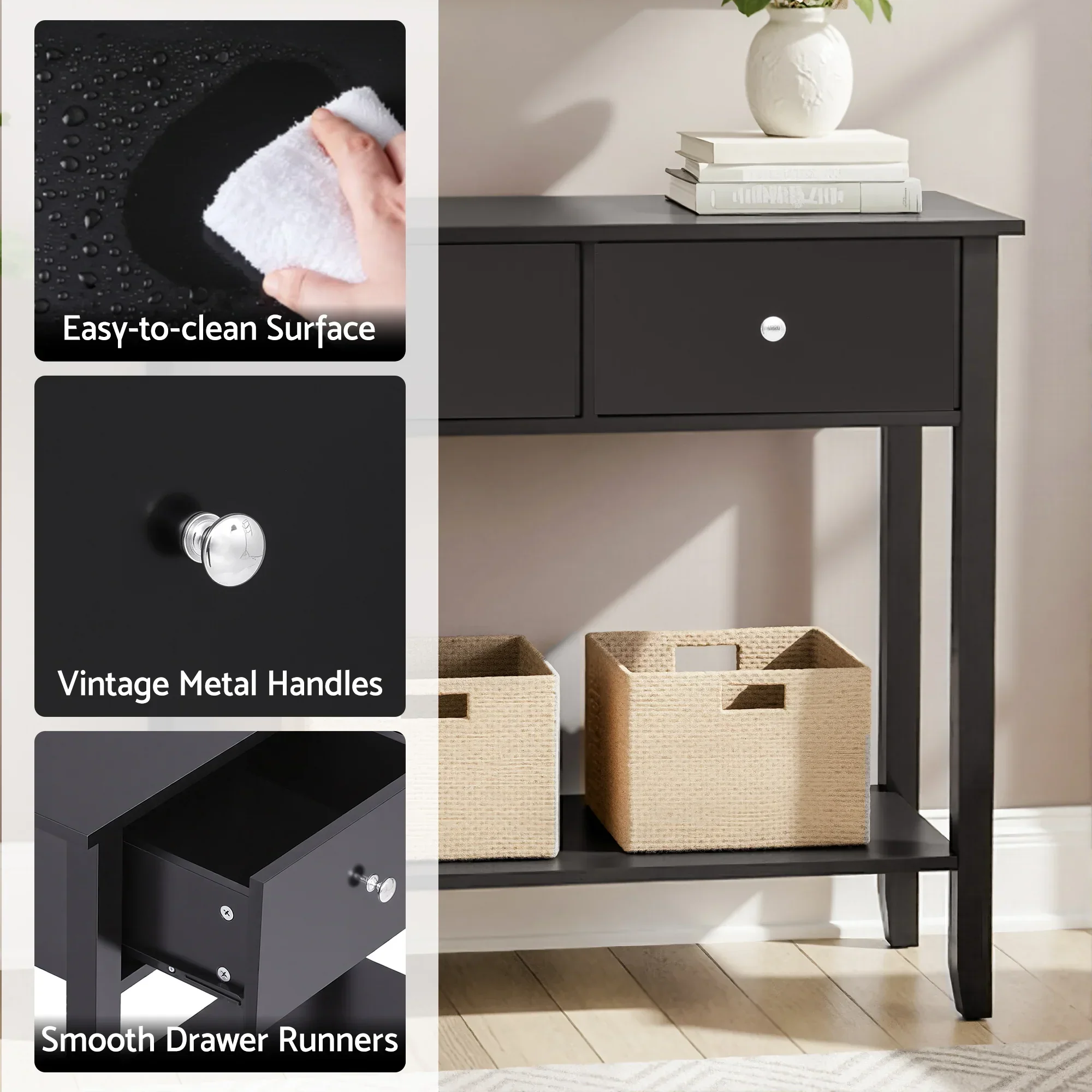 Console Table Hallway Sofa Entryway Entrance 2 Drawers 80CM Black - Image 7