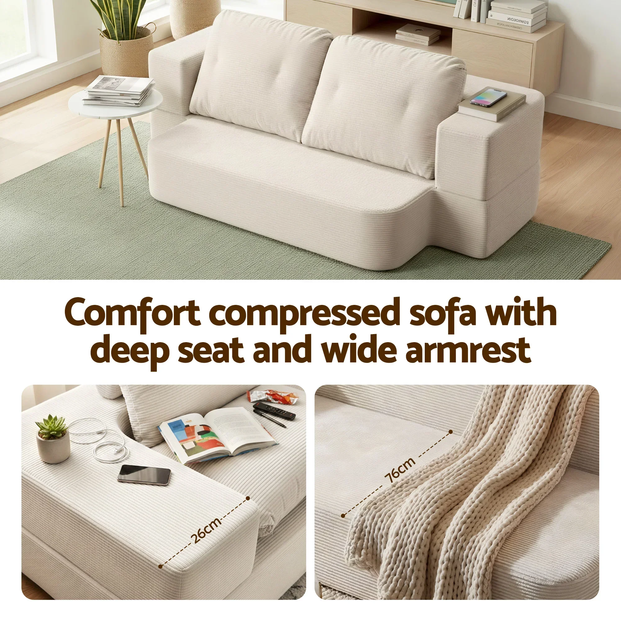 Convertible Folding Sofa Bed 30D High-Density Foam Boneless Couch with Corduroy Sleeper Couch Lounger for Living Room Beign - Image 5