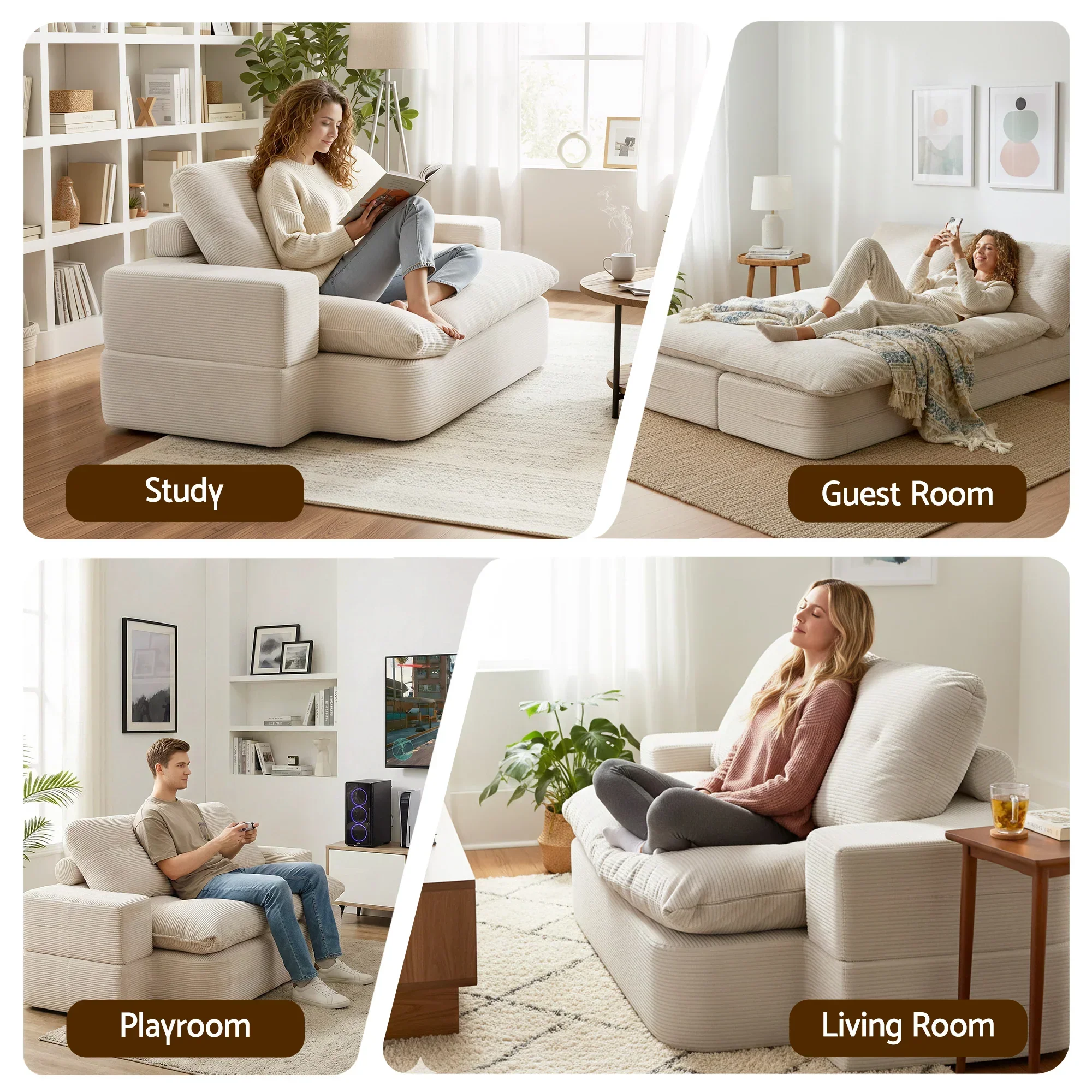 Convertible Folding Sofa Bed 30D High-Density Foam Boneless Couch with Corduroy Sleeper Couch Lounger for Living Room Beign - Image 9