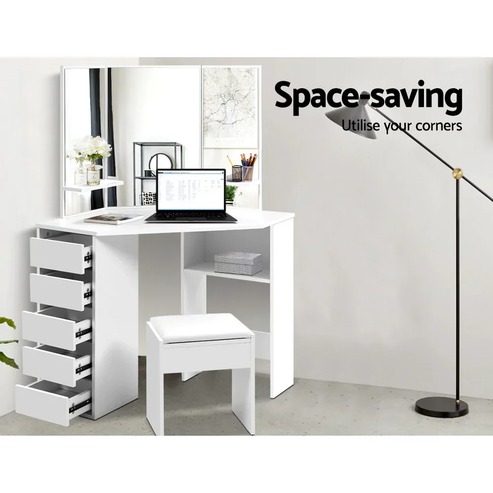 Dressing Table Stool Set Corner 5 Drawers White - Image 5