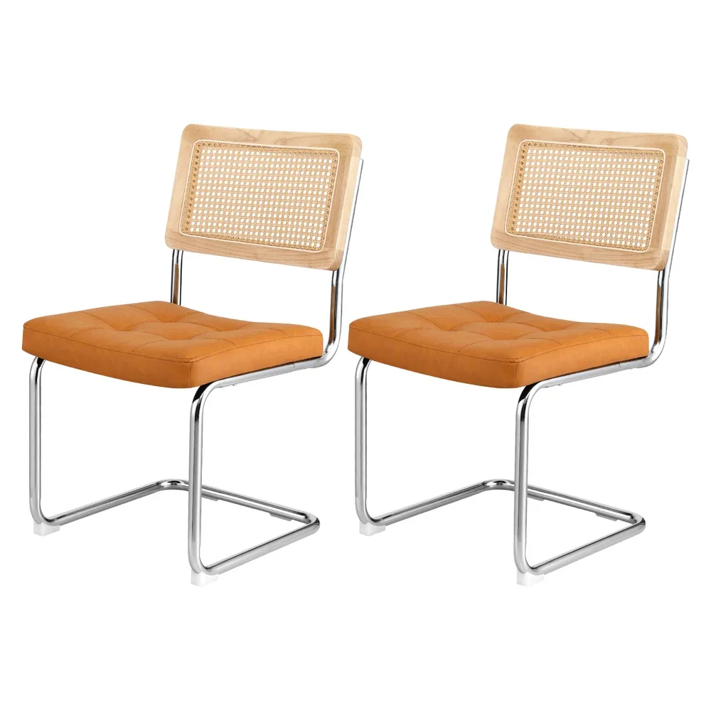 Dining Chairs Set of 2 PU Leather Rattan Cantilever Brown - Image 5